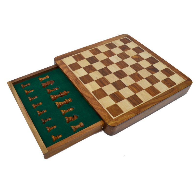 ערכת שחמט מגנטית  מעץ שישם עם מגירה בגודל 25*25 ס''מ. מק''ט 9016