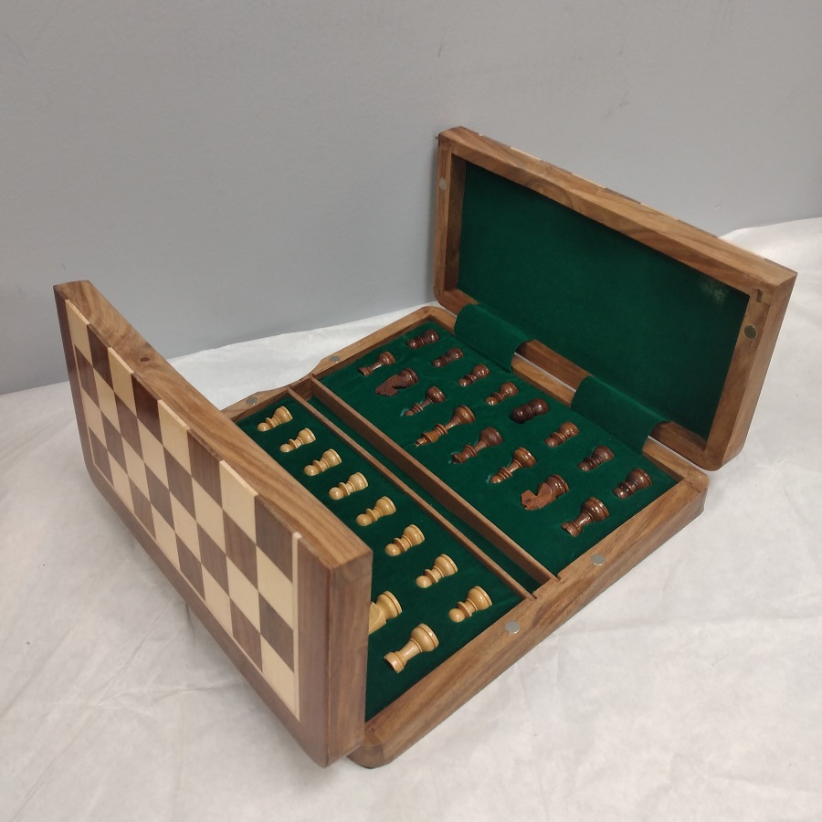 A folding magnetic chess set made of sheesham wood 25*25 cm